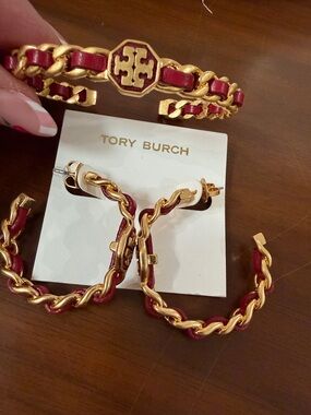 Tory Burch Gold-Tone Chain Bracelet and matching earrings with Red Leather Weave
